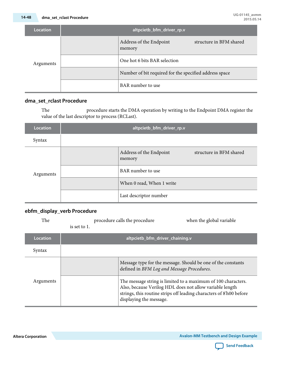 Dma_set_rclast procedure, Ebfm_display_verb procedure | Altera Arria 10 Avalon-MM User Manual | Page 198 / 212