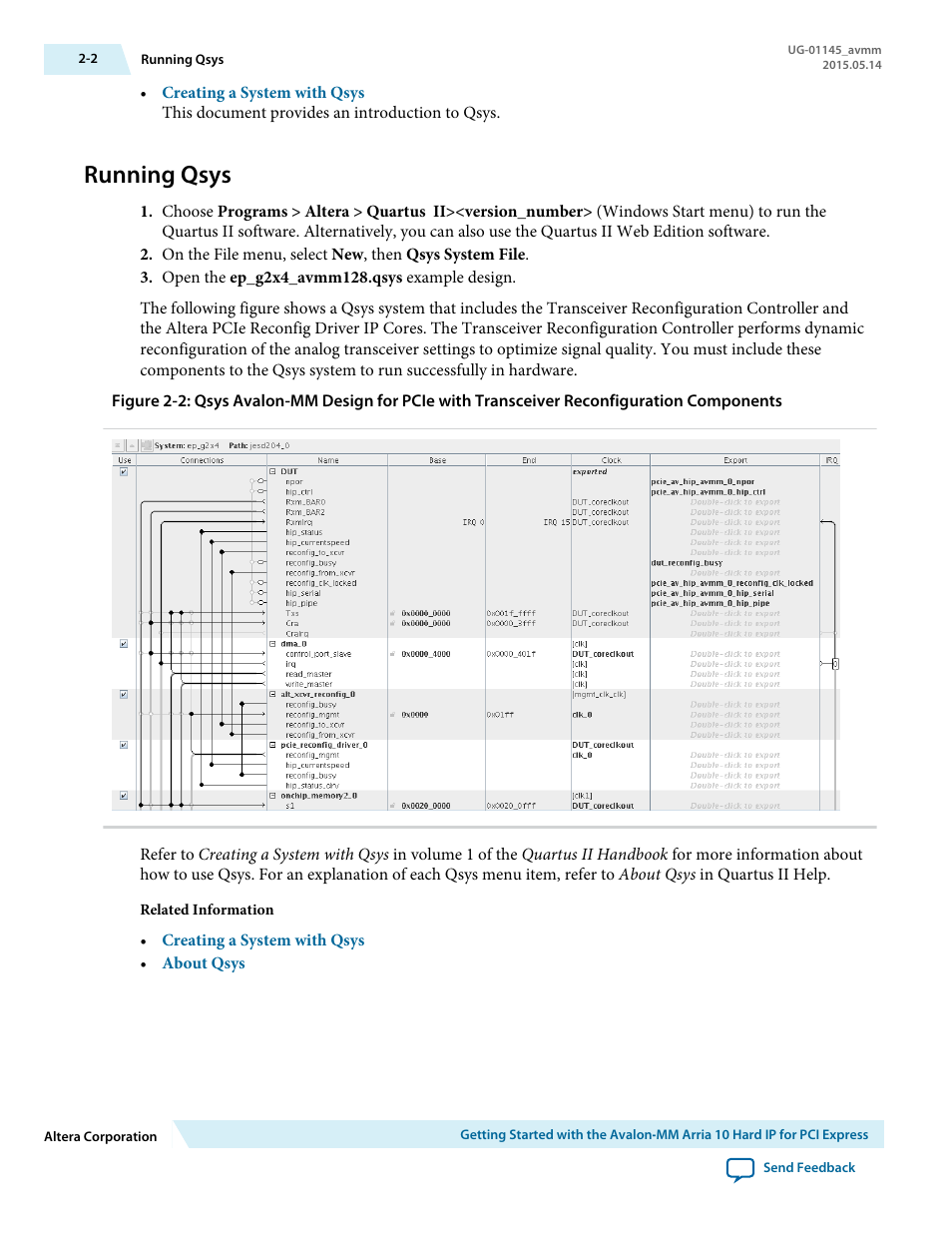Running qsys, Running qsys -2 | Altera Arria 10 Avalon-MM User Manual | Page 20 / 212