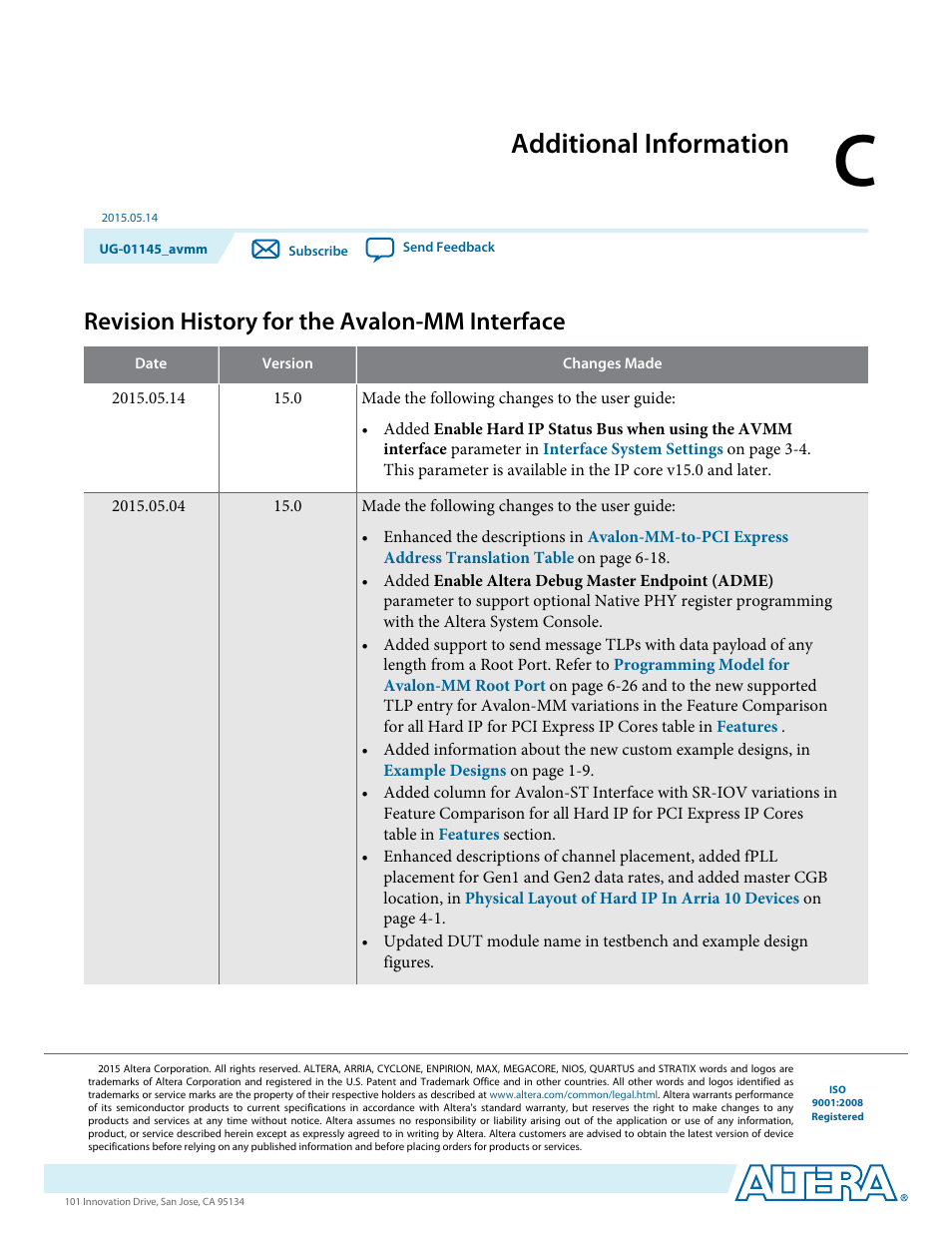 C. additional information, Revision history for the avalon-mm interface, Additional information | Altera Arria 10 Avalon-MM User Manual | Page 207 / 212