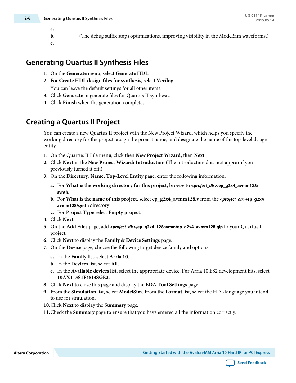 Generating quartus ii synthesis files, Creating a quartus ii project, Generating quartus ii synthesis files -6 | Creating a quartus ii project -6 | Altera Arria 10 Avalon-MM User Manual | Page 24 / 212