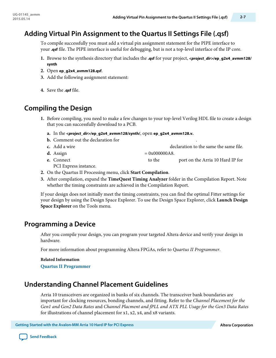 Compiling the design, Programming a device, Understanding channel placement guidelines | Compiling the design -7, Programming a device -7, Understanding channel placement guidelines -7 | Altera Arria 10 Avalon-MM User Manual | Page 25 / 212