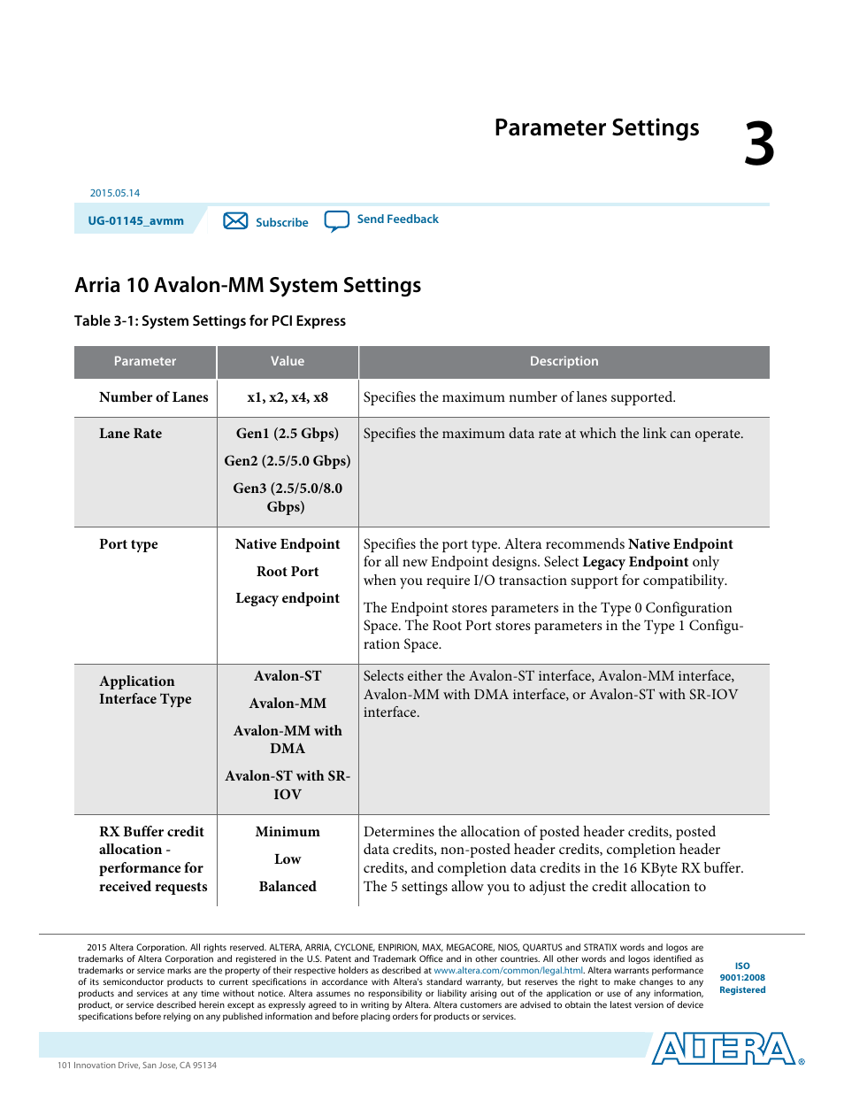 Parameter settings, Arria 10 avalon-mm system settings, Parameter settings -1 | Arria 10 avalon-mm system settings -1 | Altera Arria 10 Avalon-MM User Manual | Page 27 / 212