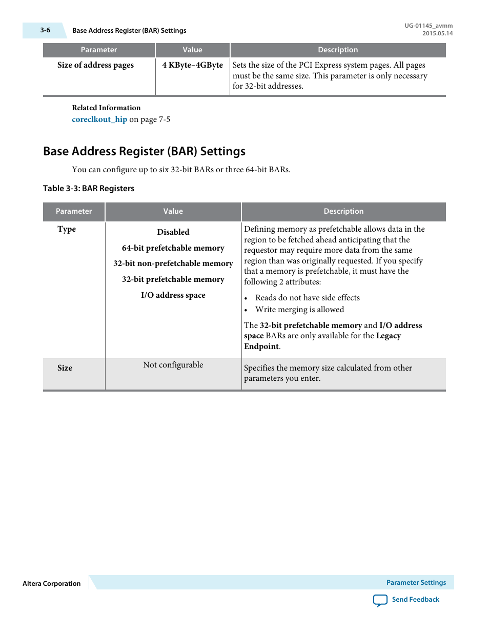 Base address register (bar) settings, Base address register (bar) settings -6 | Altera Arria 10 Avalon-MM User Manual | Page 32 / 212