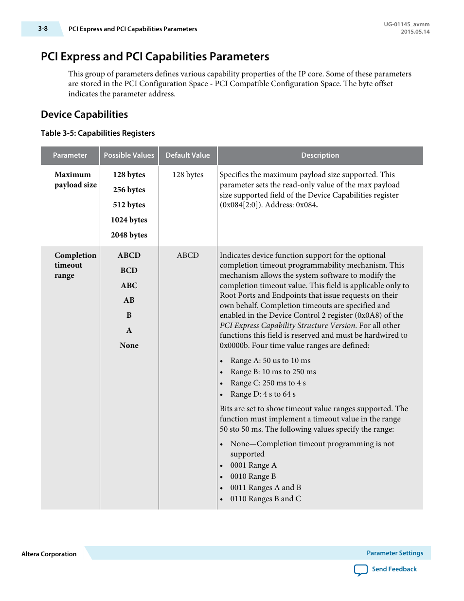 Pci express and pci capabilities parameters, Device capabilities, Pci express and pci capabilities parameters -8 | Device capabilities -8 | Altera Arria 10 Avalon-MM User Manual | Page 34 / 212