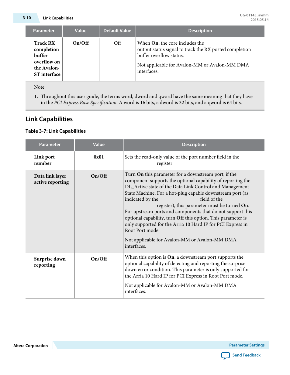 Link capabilities, Link capabilities -10 | Altera Arria 10 Avalon-MM User Manual | Page 36 / 212
