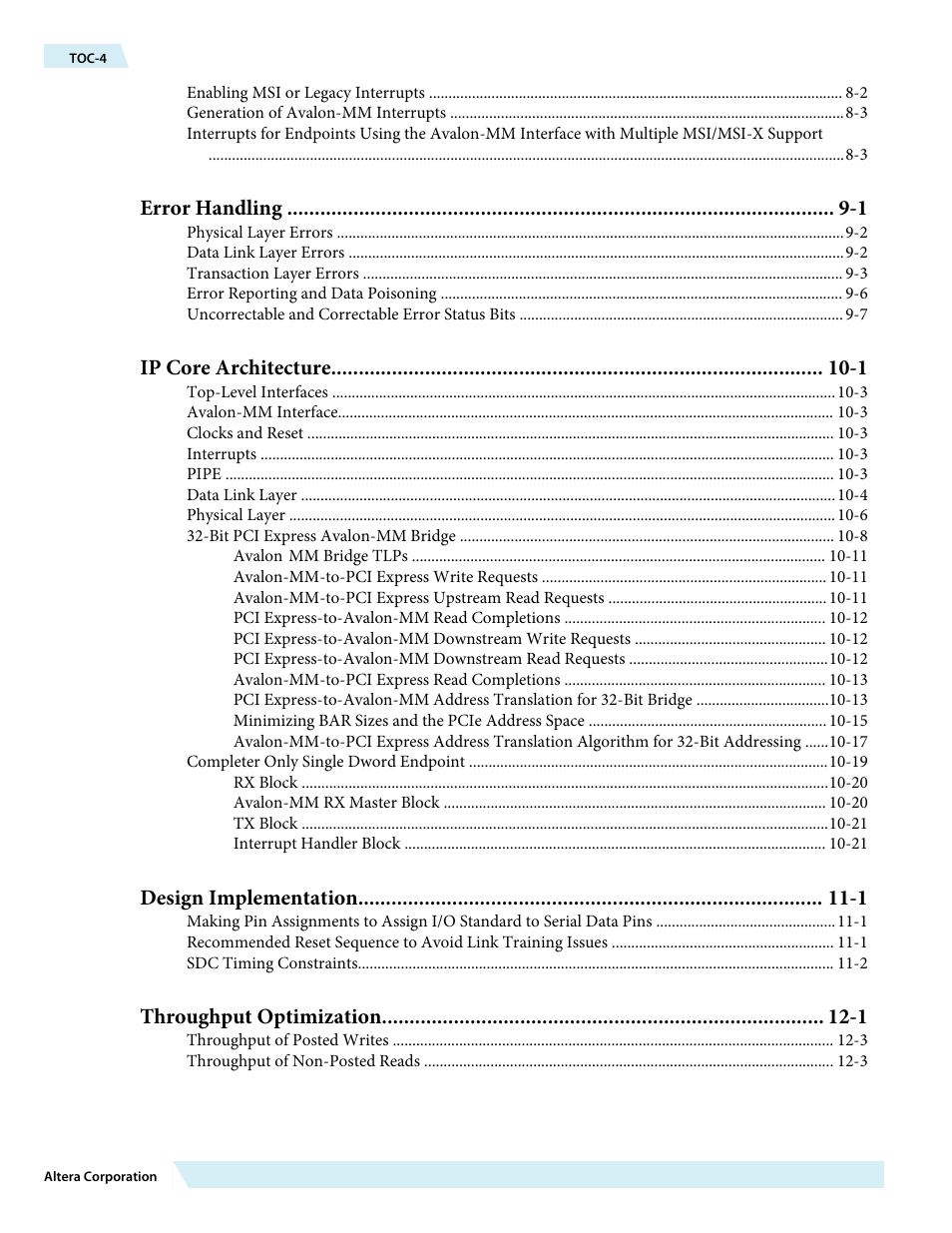 Error handling -1, Ip core architecture -1, Design implementation -1 | Throughput optimization -1 | Altera Arria 10 Avalon-MM User Manual | Page 4 / 212