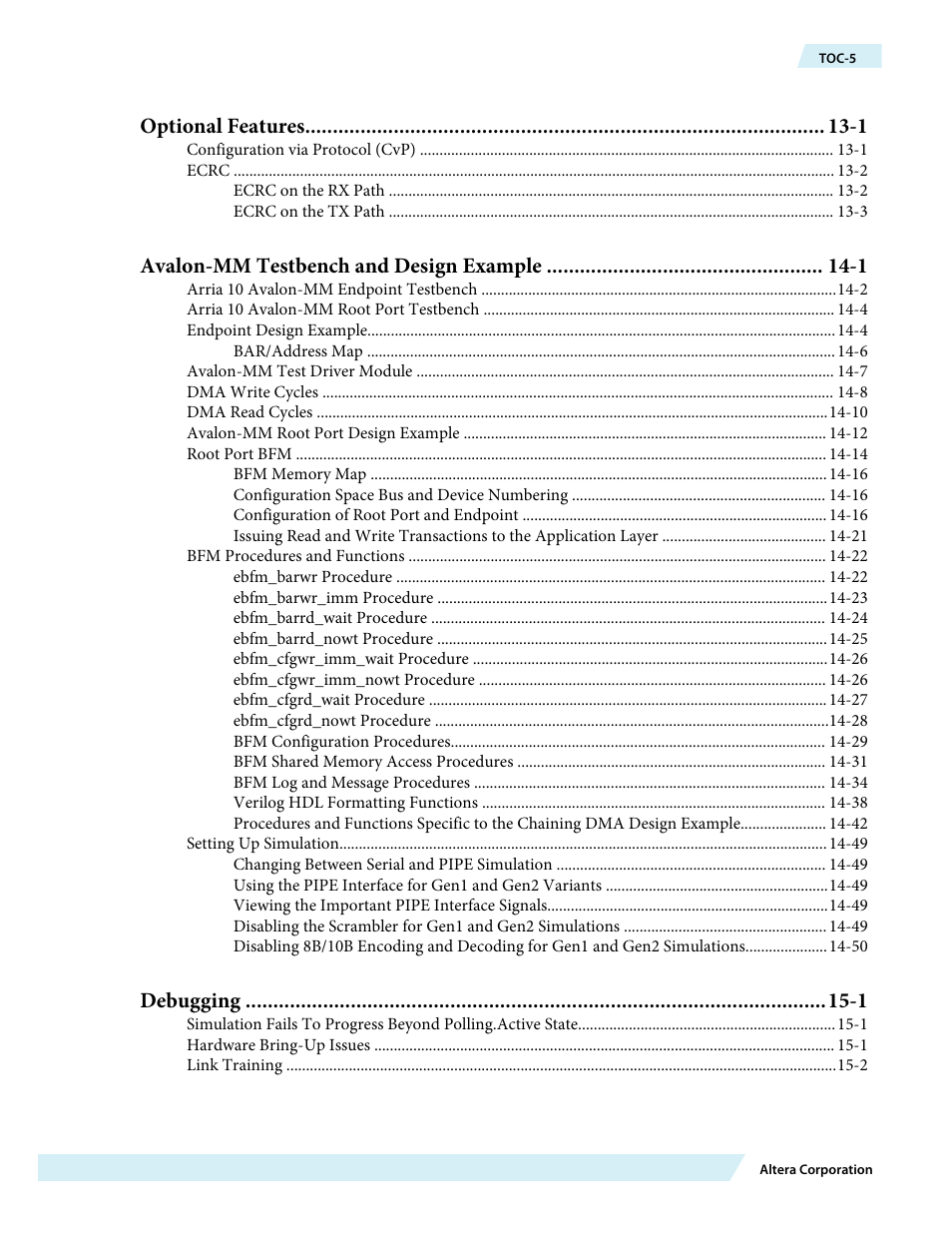 Optional features -1, Avalon-mm testbench and design example -1, Debugging -1 | Altera Arria 10 Avalon-MM User Manual | Page 5 / 212