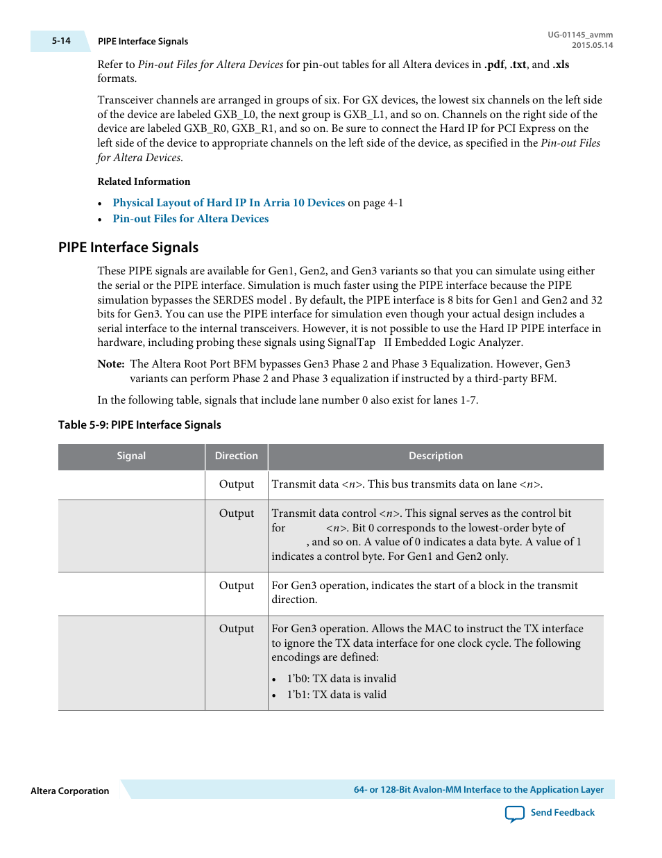 Pipe interface signals, Pipe interface signals -14 | Altera Arria 10 Avalon-MM User Manual | Page 61 / 212