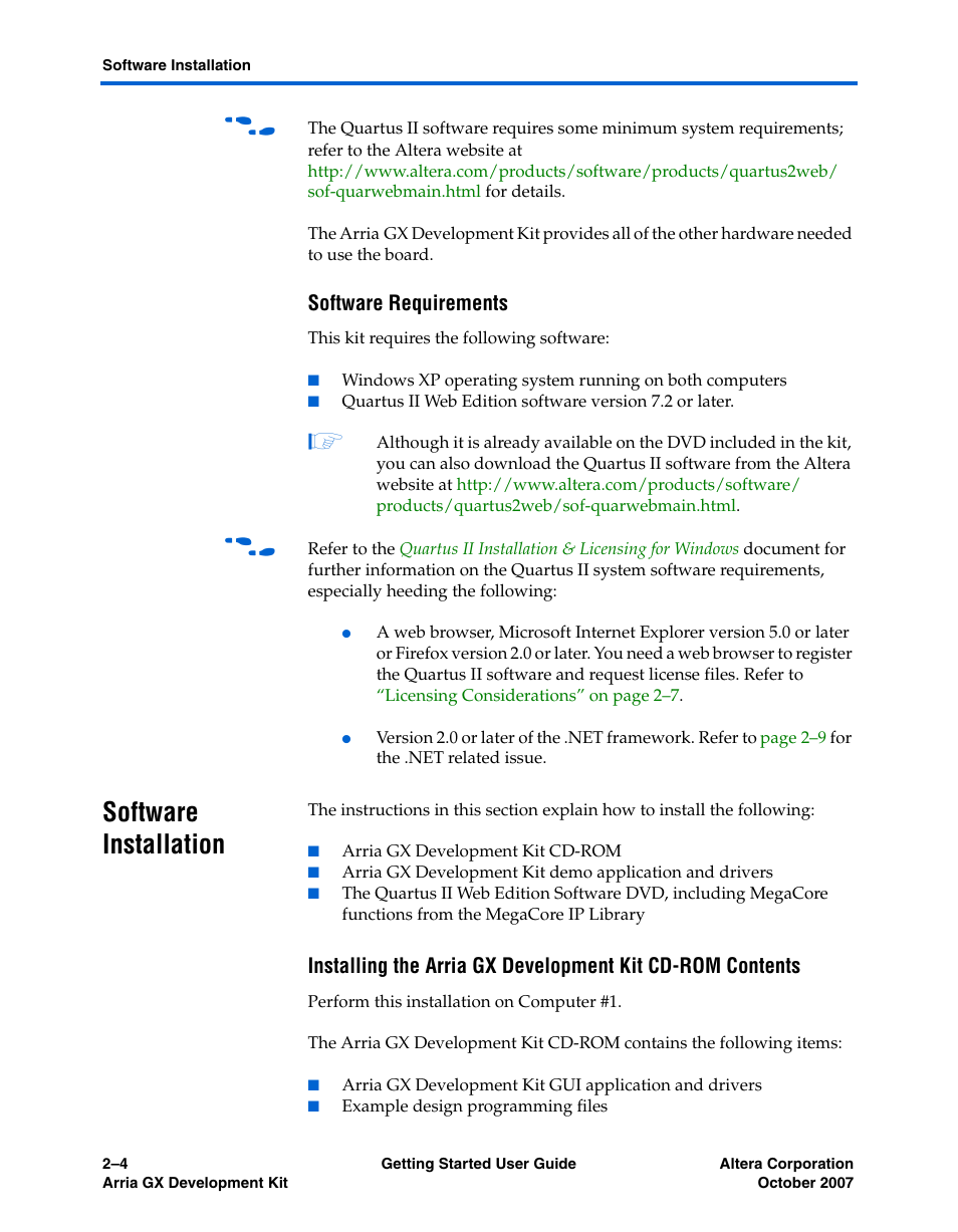 Software requirements, Software installation, Software installation –4 | Altera Arria GX User Manual | Page 10 / 32