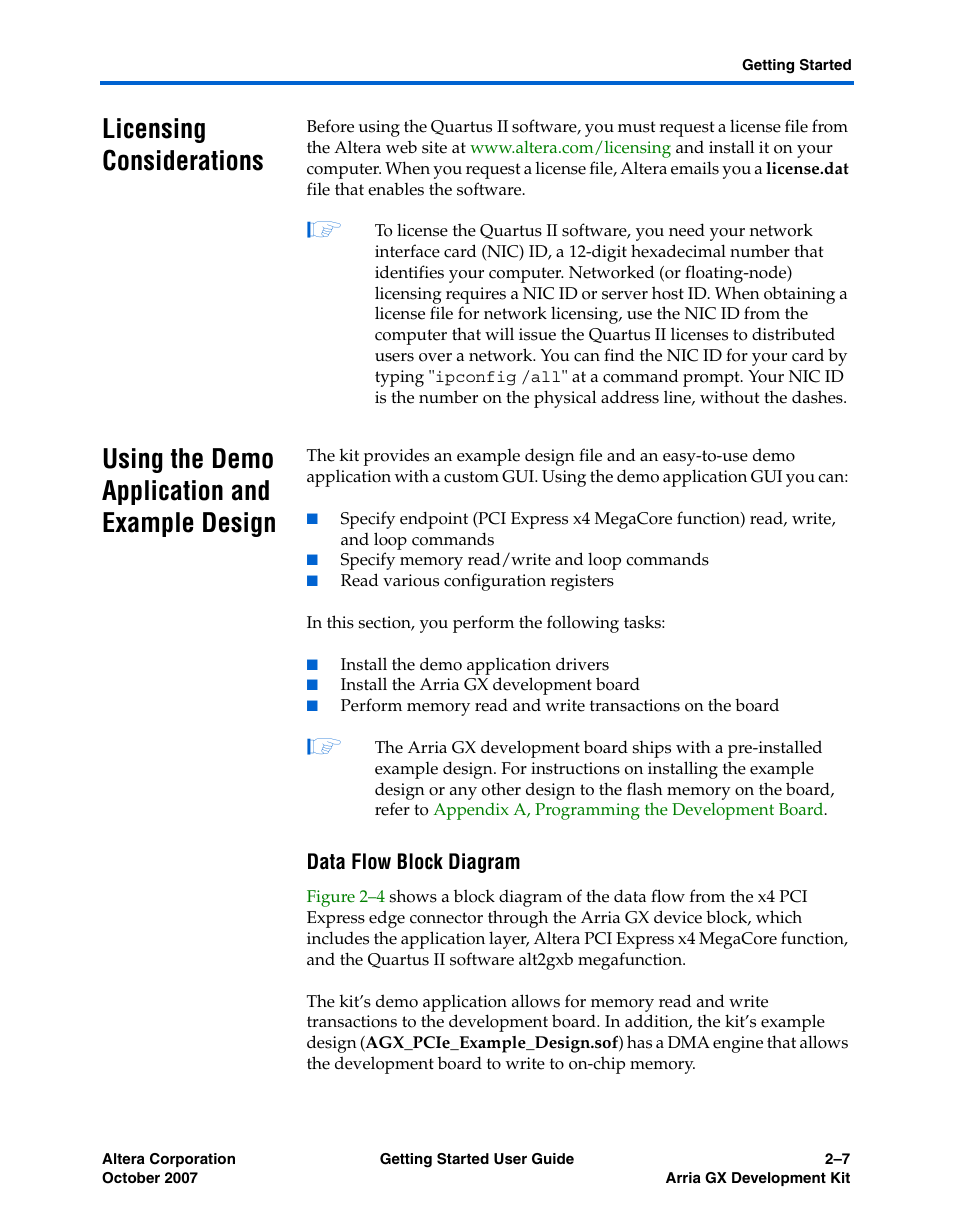 Licensing considerations, Using the demo application and example design, Data flow block diagram | Licensing | Altera Arria GX User Manual | Page 13 / 32