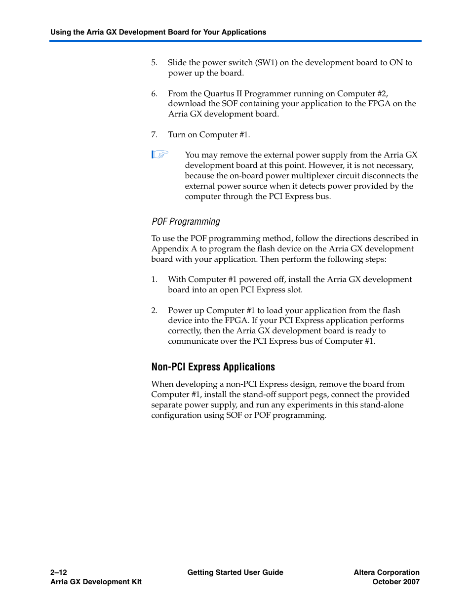Pof programming, Non-pci express applications | Altera Arria GX User Manual | Page 18 / 32