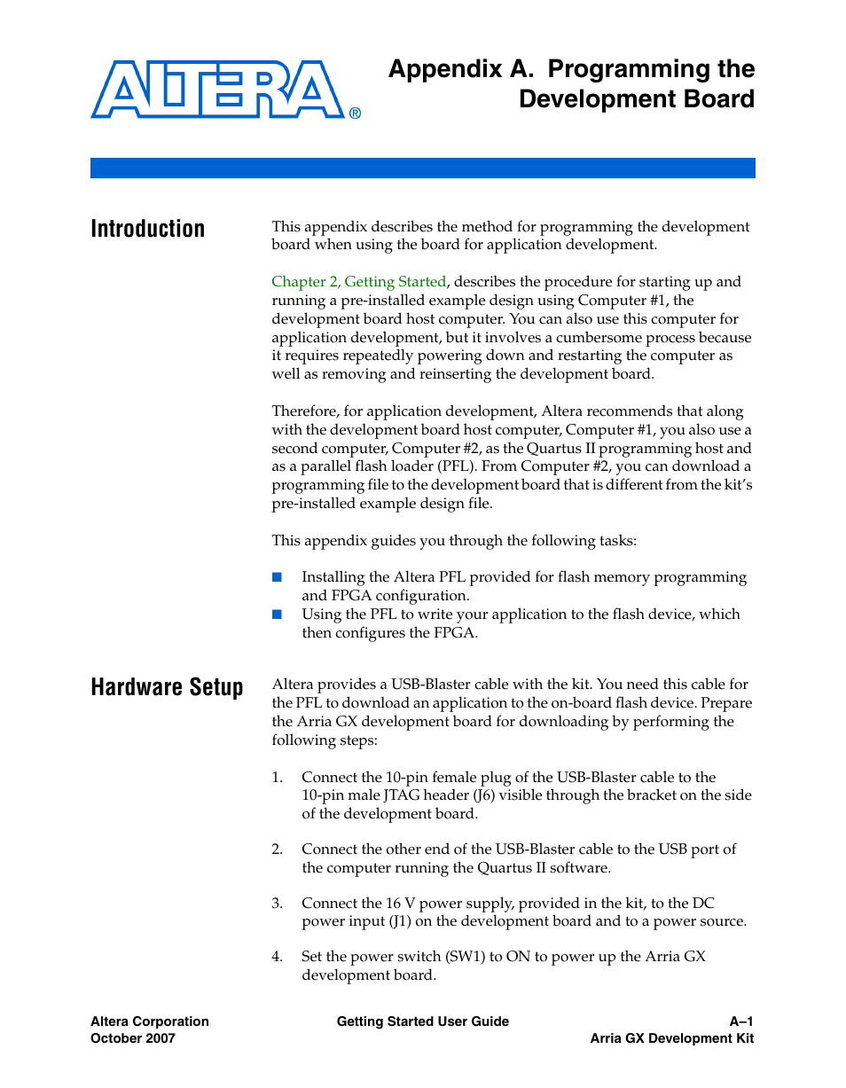 Appendix a. programming the development board, Introduction, Hardware setup | Fer to, Appendix a, programming the development board | Altera Arria GX User Manual | Page 19 / 32