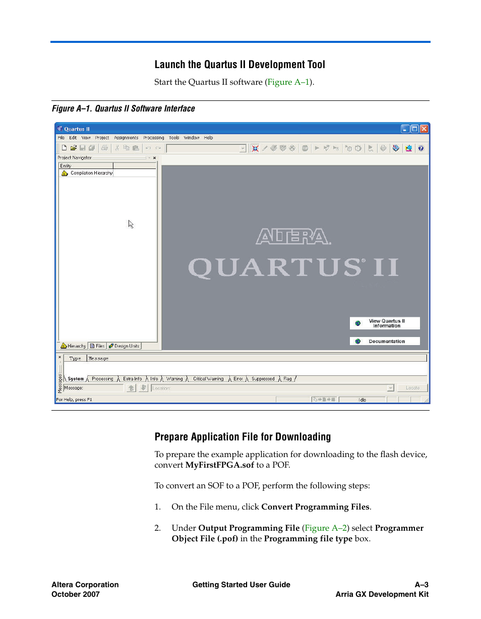 Launch the quartus ii development tool, Prepare application file for downloading | Altera Arria GX User Manual | Page 21 / 32
