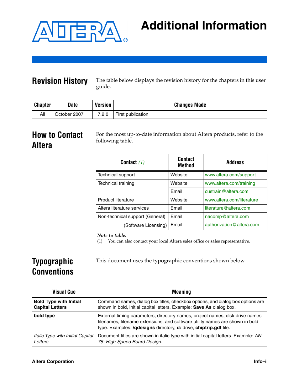 Additional information, Revision history, How to contact altera | Typographic conventions | Altera Arria GX User Manual | Page 31 / 32