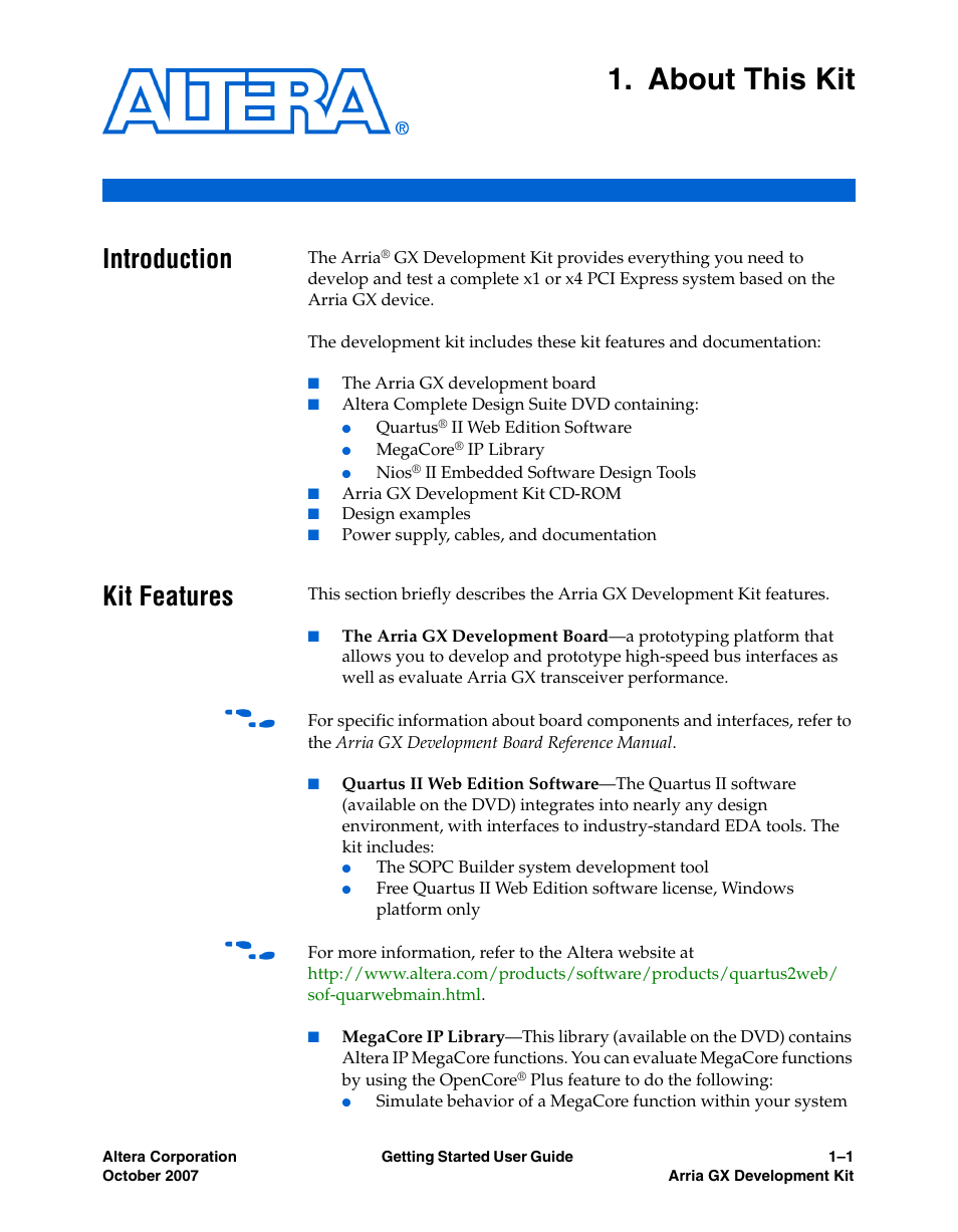 About this kit, Introduction, Kit features | Chapter 1. about this kit, Kit features –1 | Altera Arria GX User Manual | Page 5 / 32