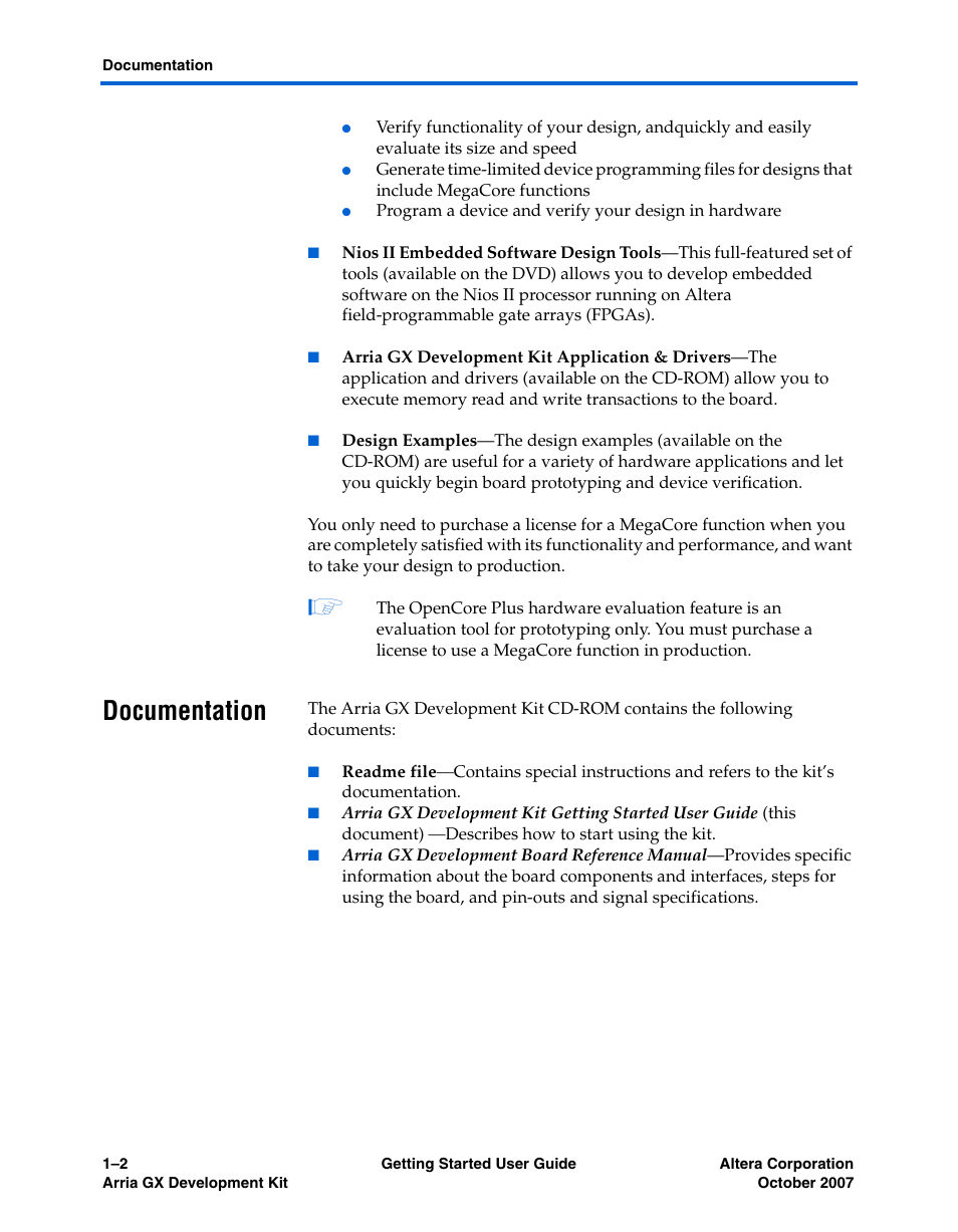 Documentation, Documentation –2 | Altera Arria GX User Manual | Page 6 / 32