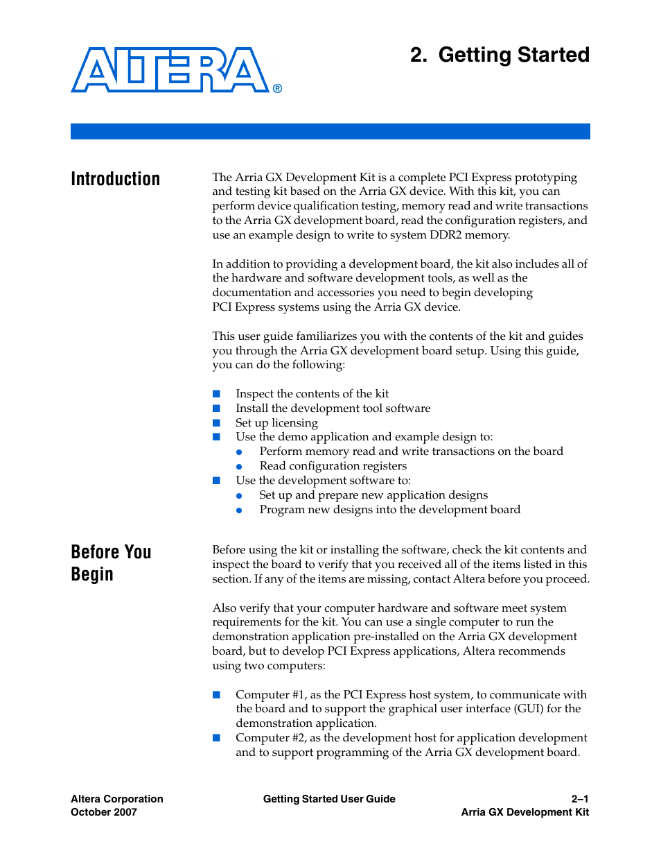 Getting started, Introduction, Before you begin | Chapter 2. getting started, Before you begin –1 | Altera Arria GX User Manual | Page 7 / 32