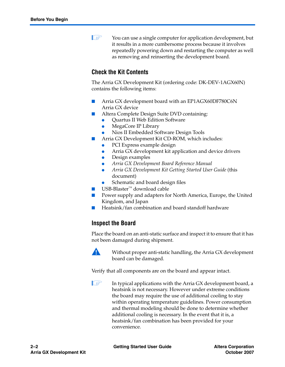 Check the kit contents, Inspect the board | Altera Arria GX User Manual | Page 8 / 32