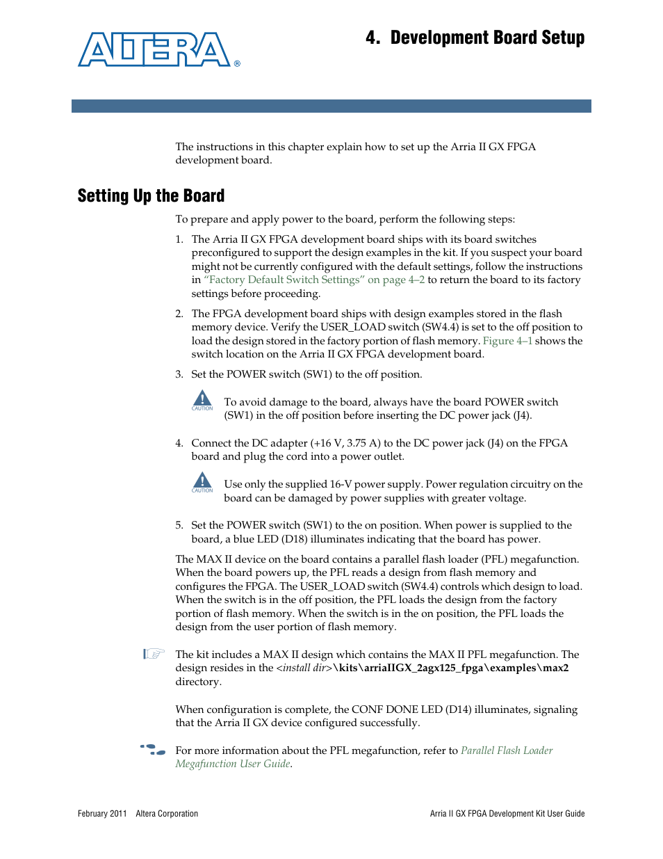 Development board setup, Setting up the board, Chapter 4. development board setup | Setting up the board –1 | Altera Arria II GX FPGA User Manual | Page 15 / 48