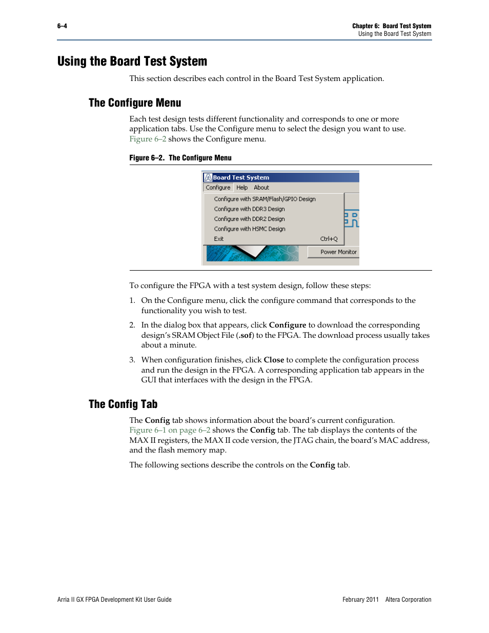 Using the board test system, The configure menu, The config tab | Using the board test system –4, The configure menu –4 the config tab –4 | Altera Arria II GX FPGA User Manual | Page 24 / 48