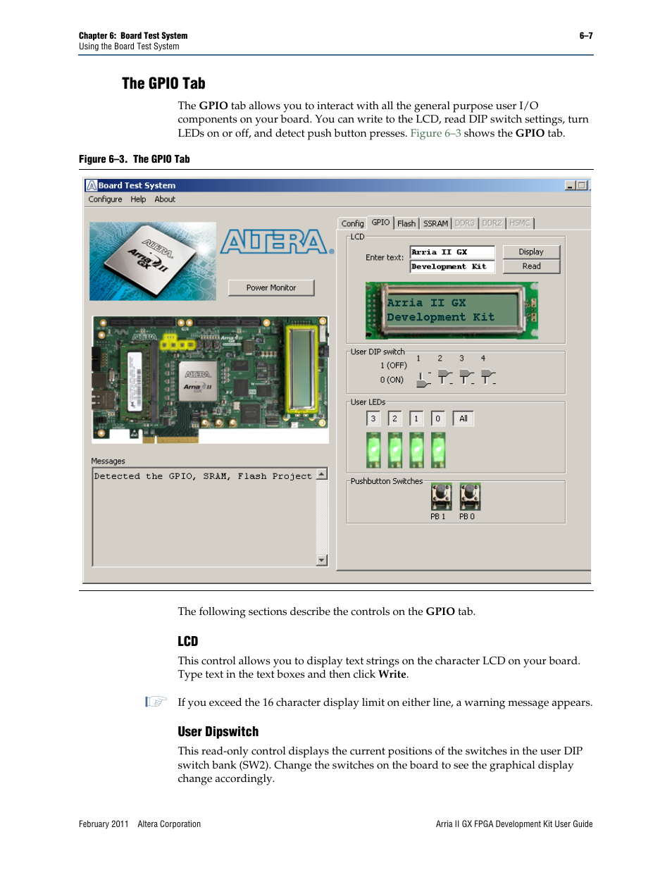 The gpio tab, The gpio tab –7, Lcd –7 user dipswitch –7 | Altera Arria II GX FPGA User Manual | Page 27 / 48