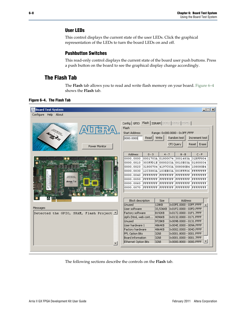 The flash tab, User leds –8 pushbutton switches –8, The flash tab –8 | Altera Arria II GX FPGA User Manual | Page 28 / 48