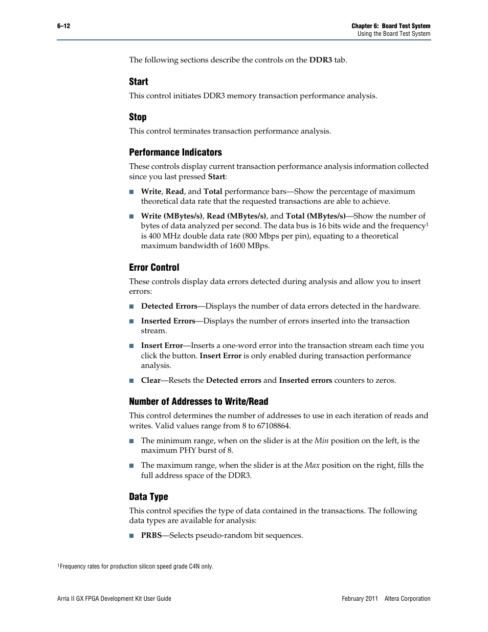 Start, Stop, Performance indicators | Error control, Number of addresses to write/read, Data type | Altera Arria II GX FPGA User Manual | Page 32 / 48