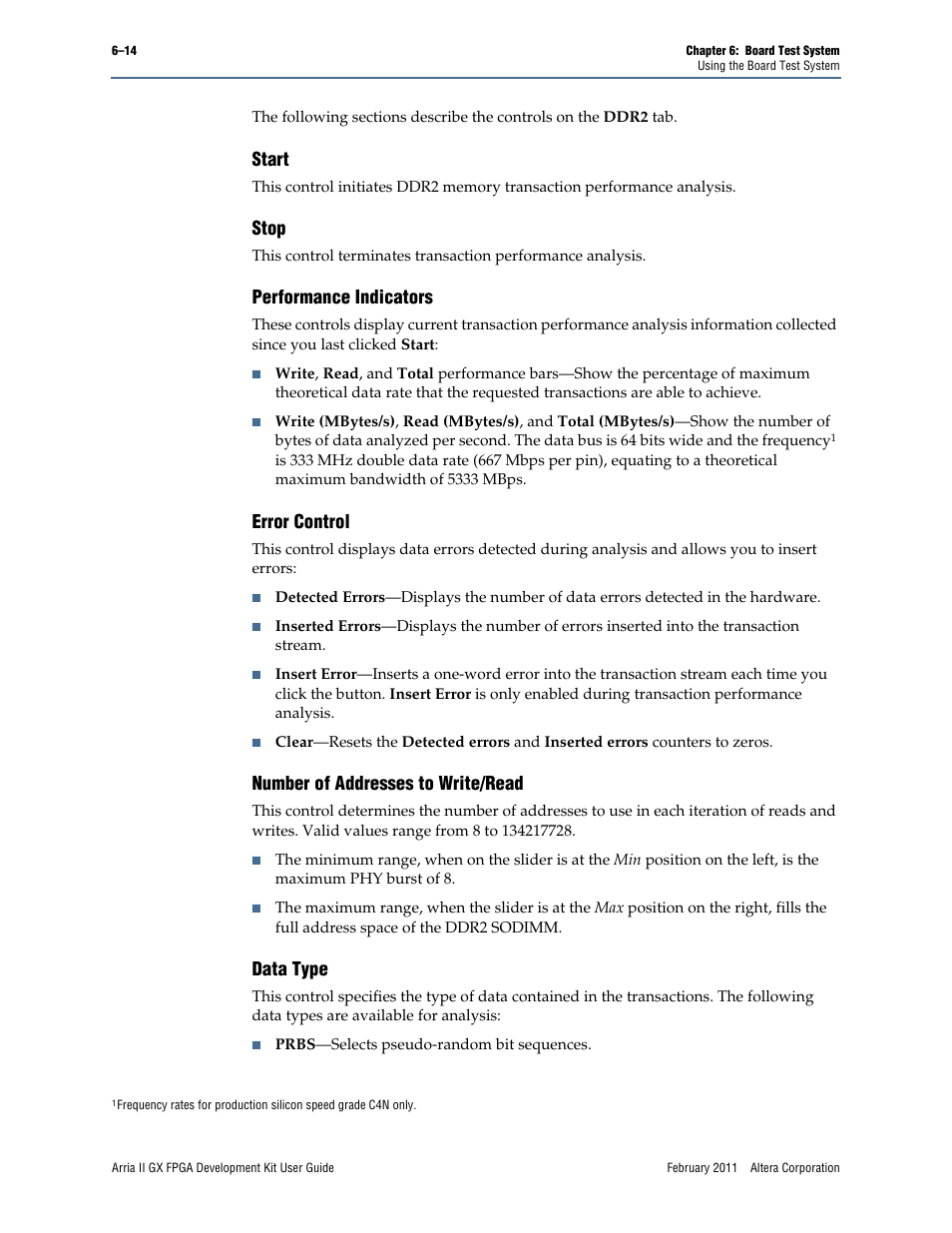 Start, Stop, Performance indicators | Error control, Number of addresses to write/read, Data type | Altera Arria II GX FPGA User Manual | Page 34 / 48