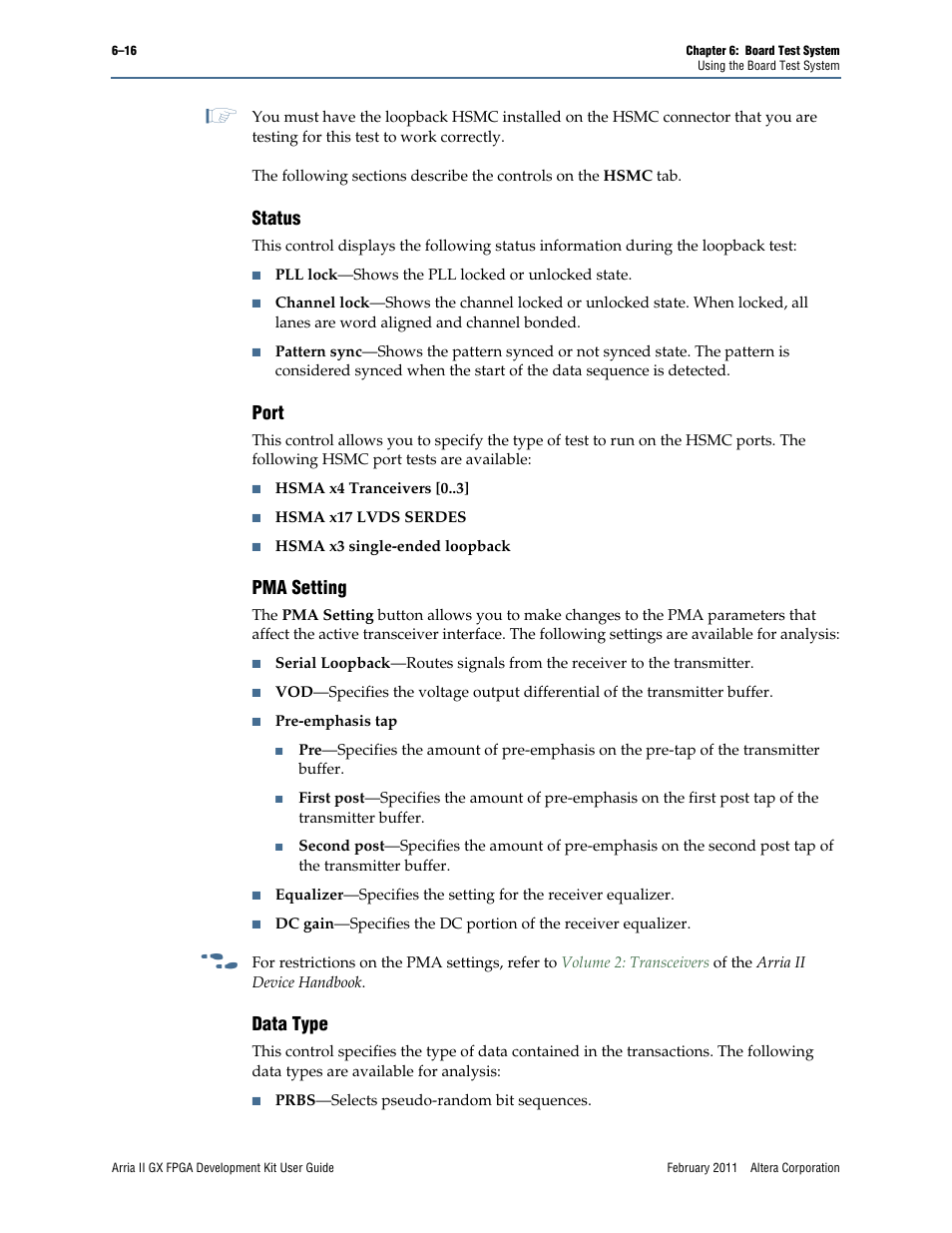 Status –16 port –16 pma setting –16 data type –16, Status, Port | Pma setting, Data type | Altera Arria II GX FPGA User Manual | Page 36 / 48