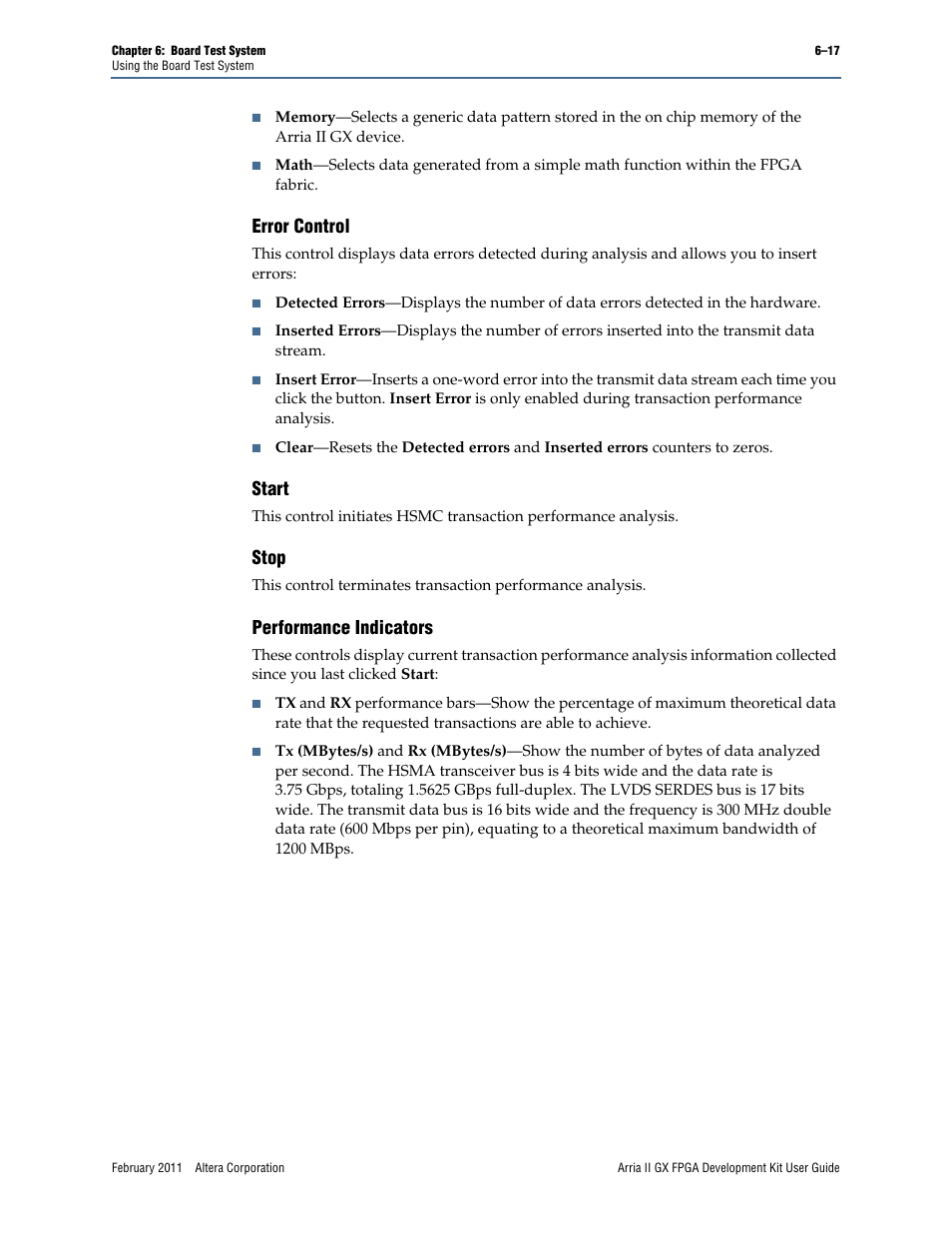 Error control, Start, Stop | Performance indicators | Altera Arria II GX FPGA User Manual | Page 37 / 48
