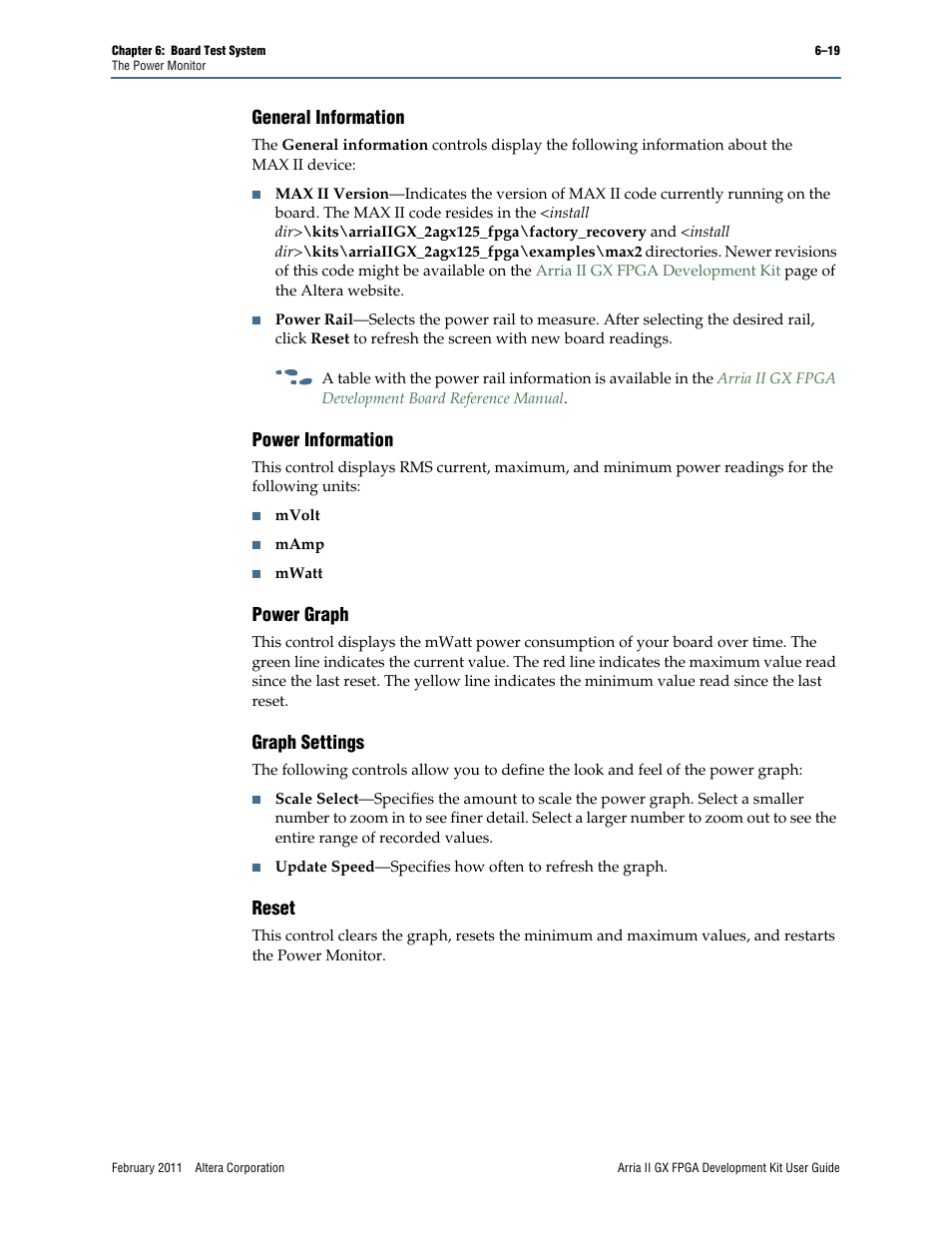 General information, Power information, Power graph | Graph settings, Reset | Altera Arria II GX FPGA User Manual | Page 39 / 48