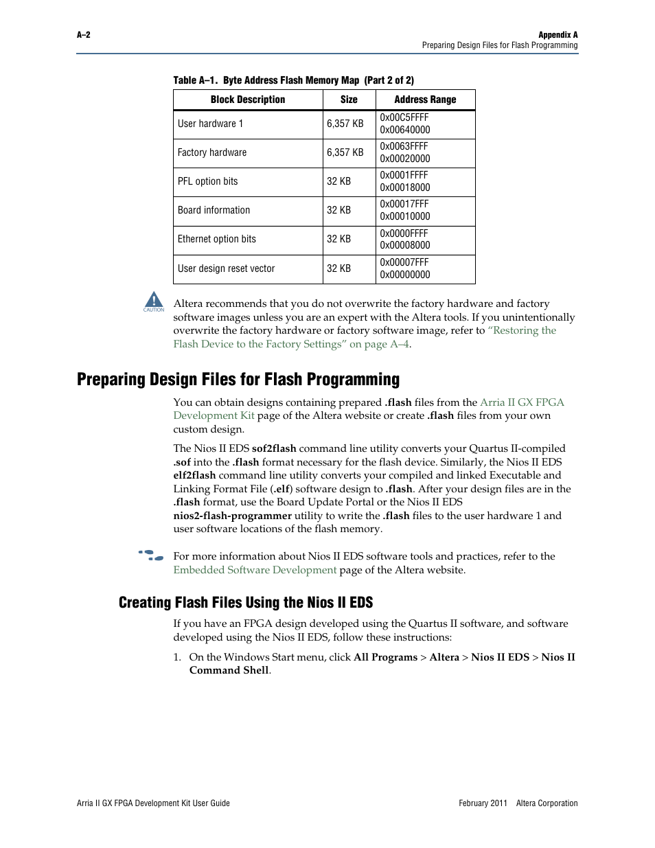 Preparing design files for flash programming, Creating flash files using the nios ii eds | Altera Arria II GX FPGA User Manual | Page 42 / 48