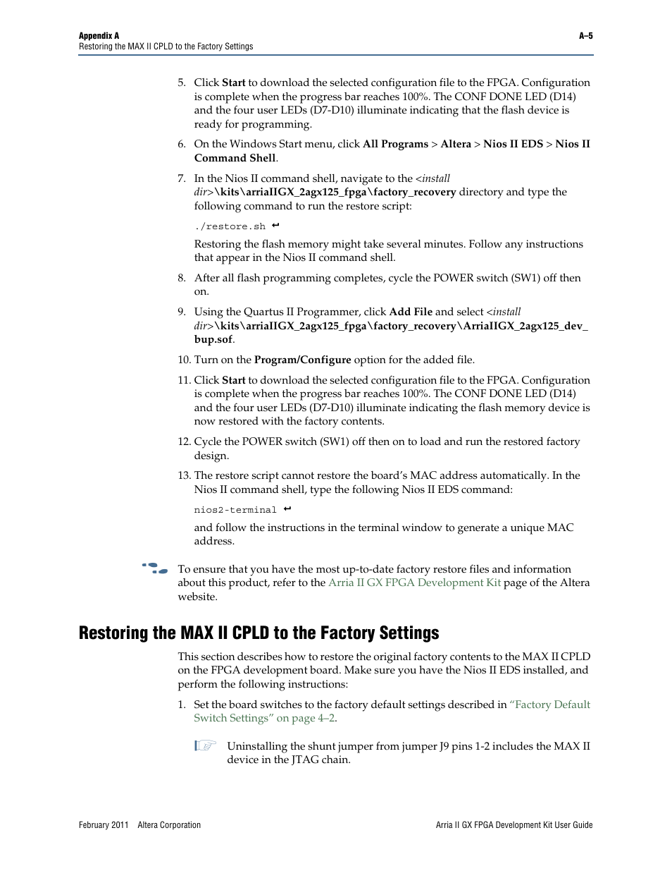 Restoring the max ii cpld to the factory settings | Altera Arria II GX FPGA User Manual | Page 45 / 48