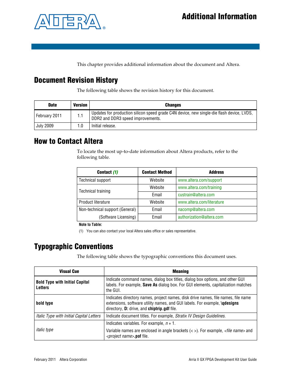 Additional information, Document revision history, How to contact altera | Typographic conventions | Altera Arria II GX FPGA User Manual | Page 47 / 48