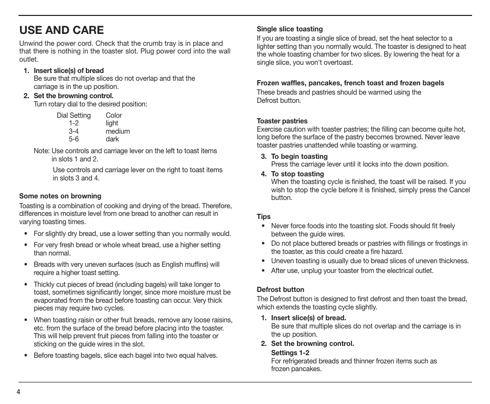 Use and care | Cuisinart CPT-190 User Manual | Page 4 / 9