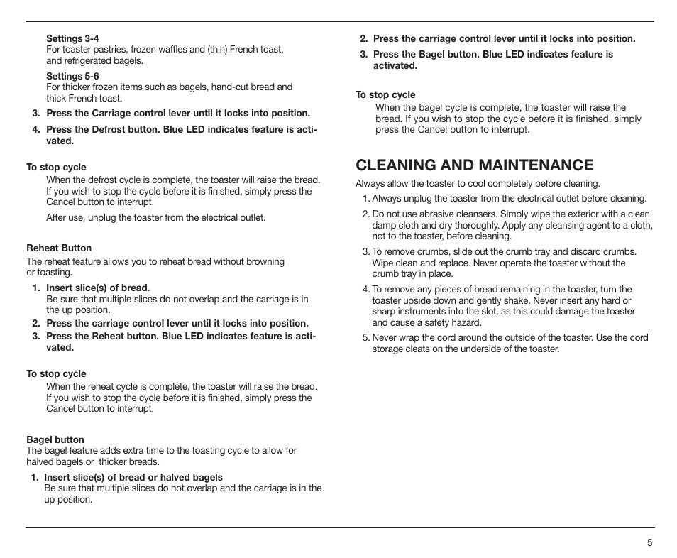 Cleaning and maintenance | Cuisinart CPT-190 User Manual | Page 5 / 9