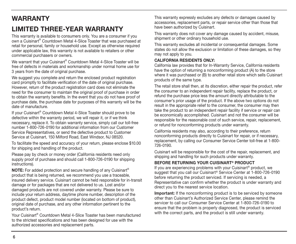 Warranty limited three-year warranty | Cuisinart CPT-190 User Manual | Page 6 / 9
