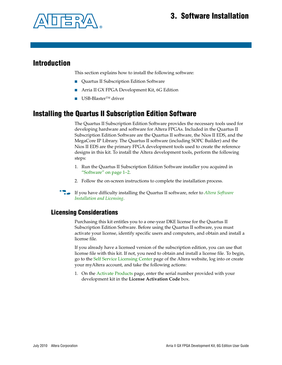 Software installation, Introduction, Licensing considerations | Chapter 3. software installation, Licensing considerations –1 | Altera Arria II GX FPGA User Manual | Page 11 / 48