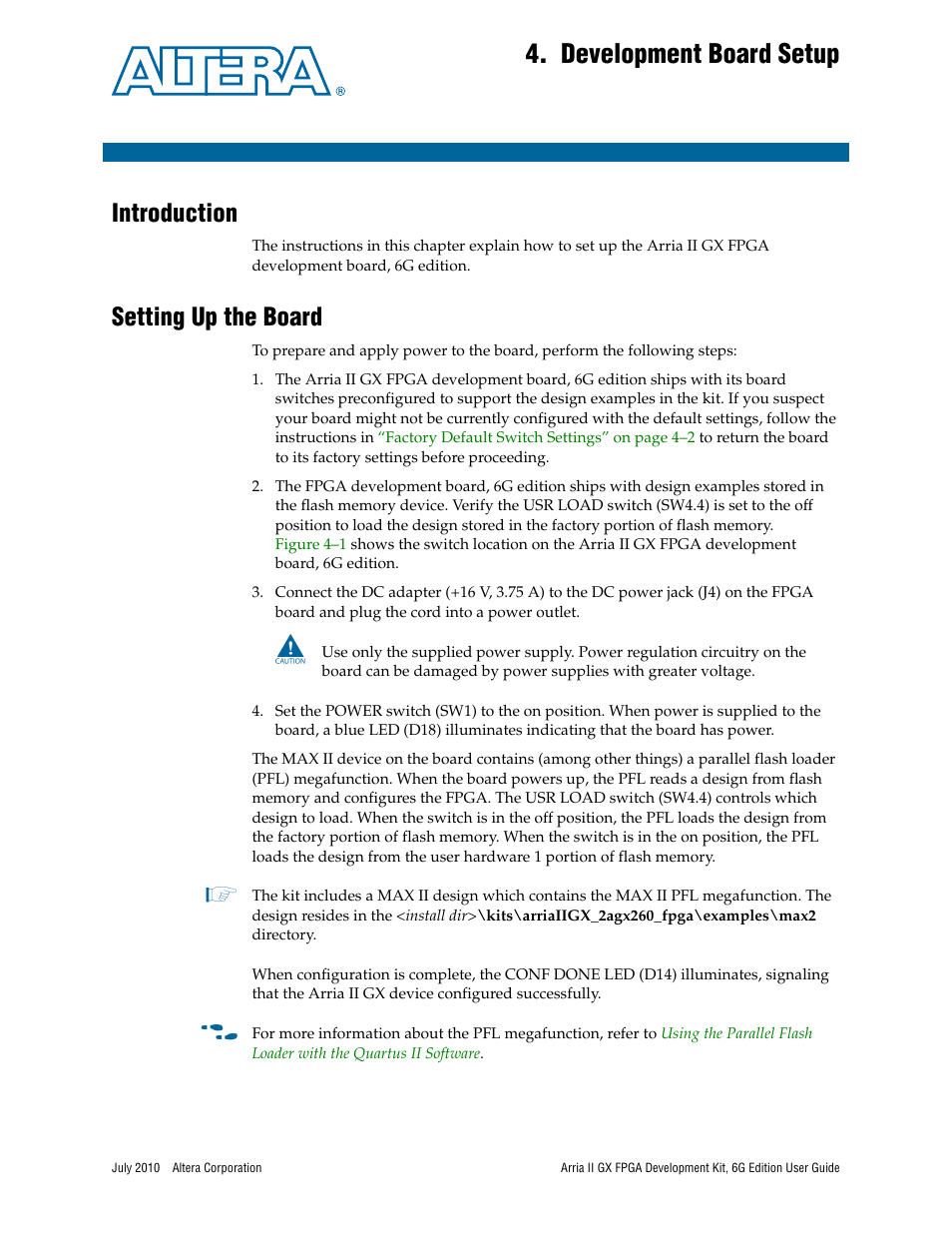 Development board setup, Introduction, Setting up the board | Chapter 4. development board setup, Introduction –1 setting up the board –1 | Altera Arria II GX FPGA User Manual | Page 15 / 48