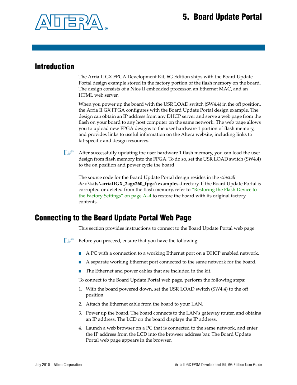 Board update portal, Introduction, Chapter 5. board update portal | Connecting to the board update portal web page | Altera Arria II GX FPGA User Manual | Page 19 / 48