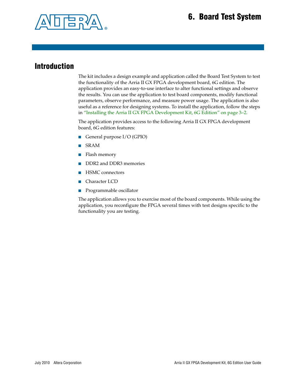 Board test system, Introduction, Chapter 6. board test system | Introduction –1 | Altera Arria II GX FPGA User Manual | Page 21 / 48