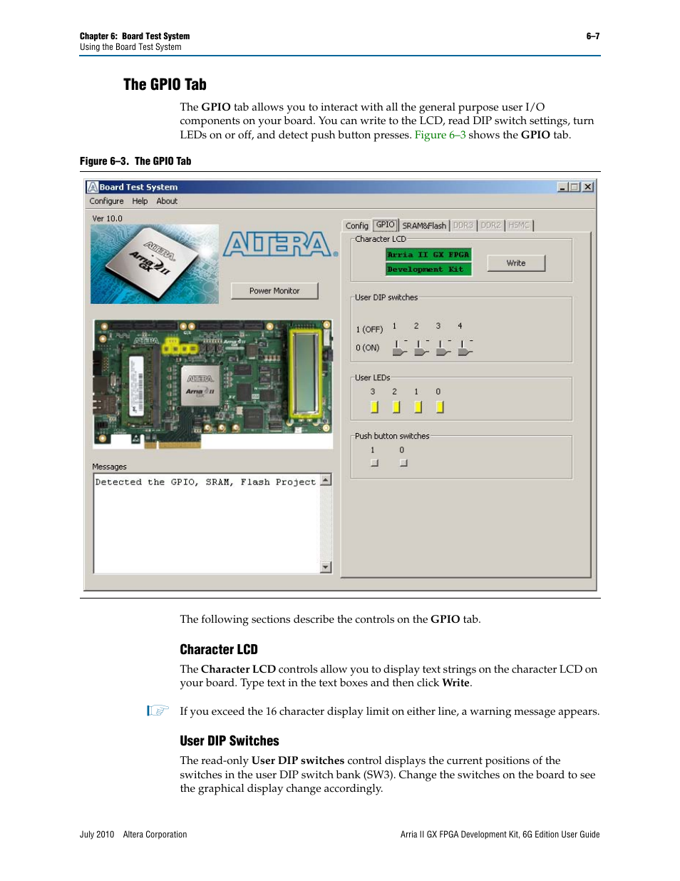 The gpio tab, Character lcd, User dip switches | The gpio tab –7, Character lcd –7 user dip switches –7 | Altera Arria II GX FPGA User Manual | Page 27 / 48