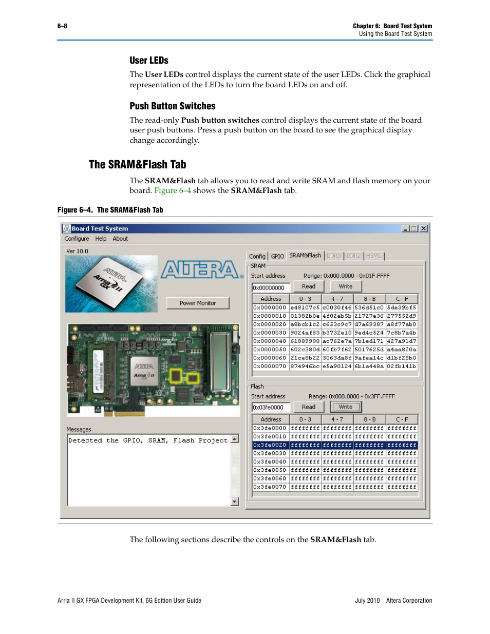 User leds, Push button switches, The sram&flash tab | User leds –8 push button switches –8, The sram&flash tab –8 | Altera Arria II GX FPGA User Manual | Page 28 / 48
