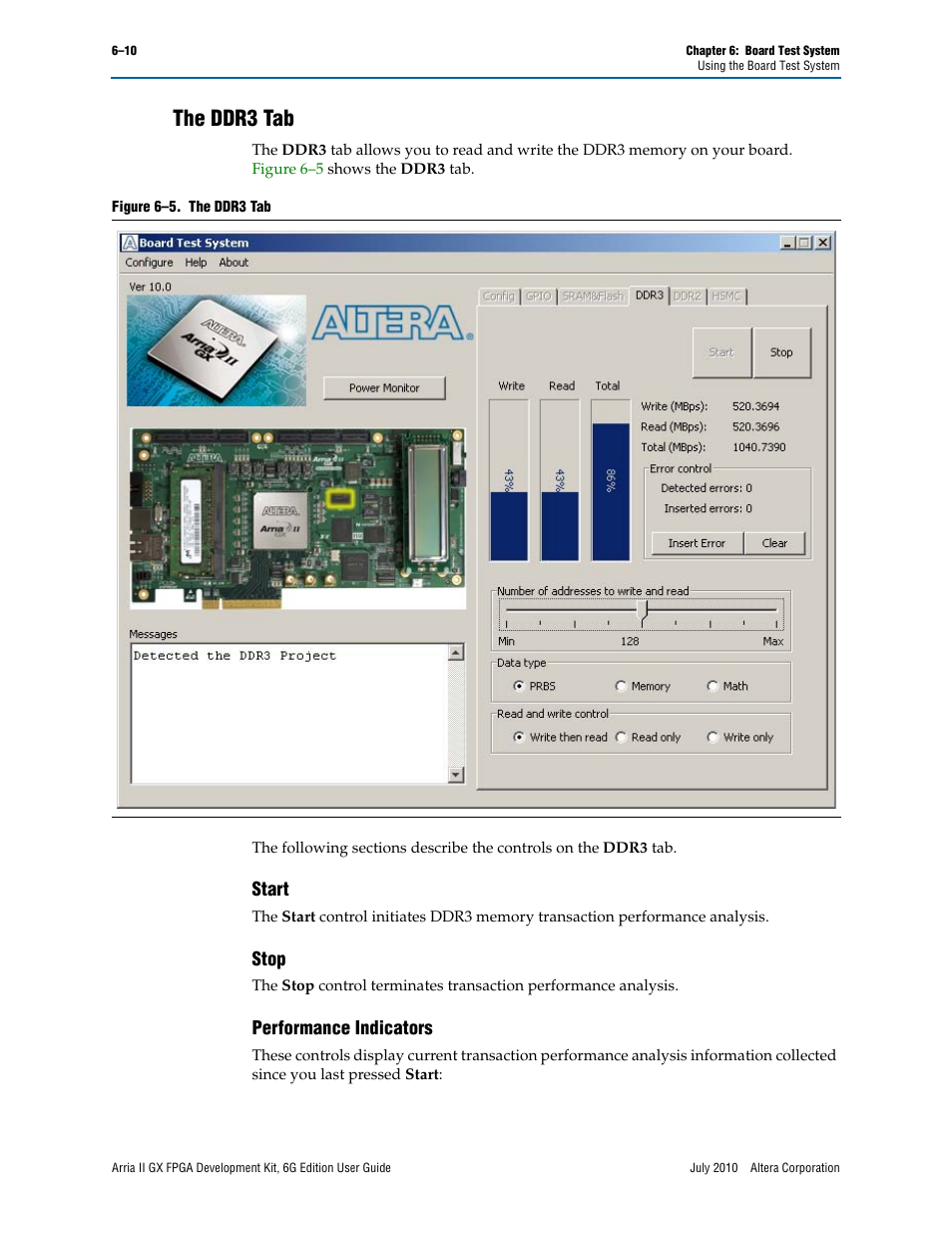 The ddr3 tab, Start, Stop | Performance indicators, The ddr3 tab –10, Start –10 stop –10 performance indicators –10 | Altera Arria II GX FPGA User Manual | Page 30 / 48