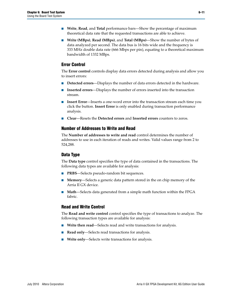 Error control, Number of addresses to write and read, Data type | Read and write control | Altera Arria II GX FPGA User Manual | Page 31 / 48