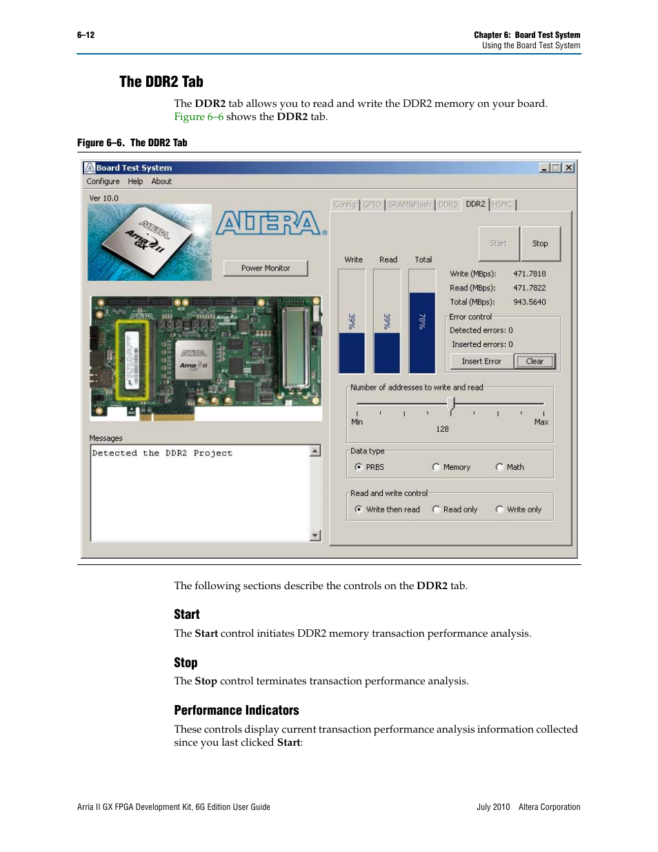 The ddr2 tab, Start, Stop | Performance indicators, The ddr2 tab –12, Start –12 stop –12 performance indicators –12 | Altera Arria II GX FPGA User Manual | Page 32 / 48