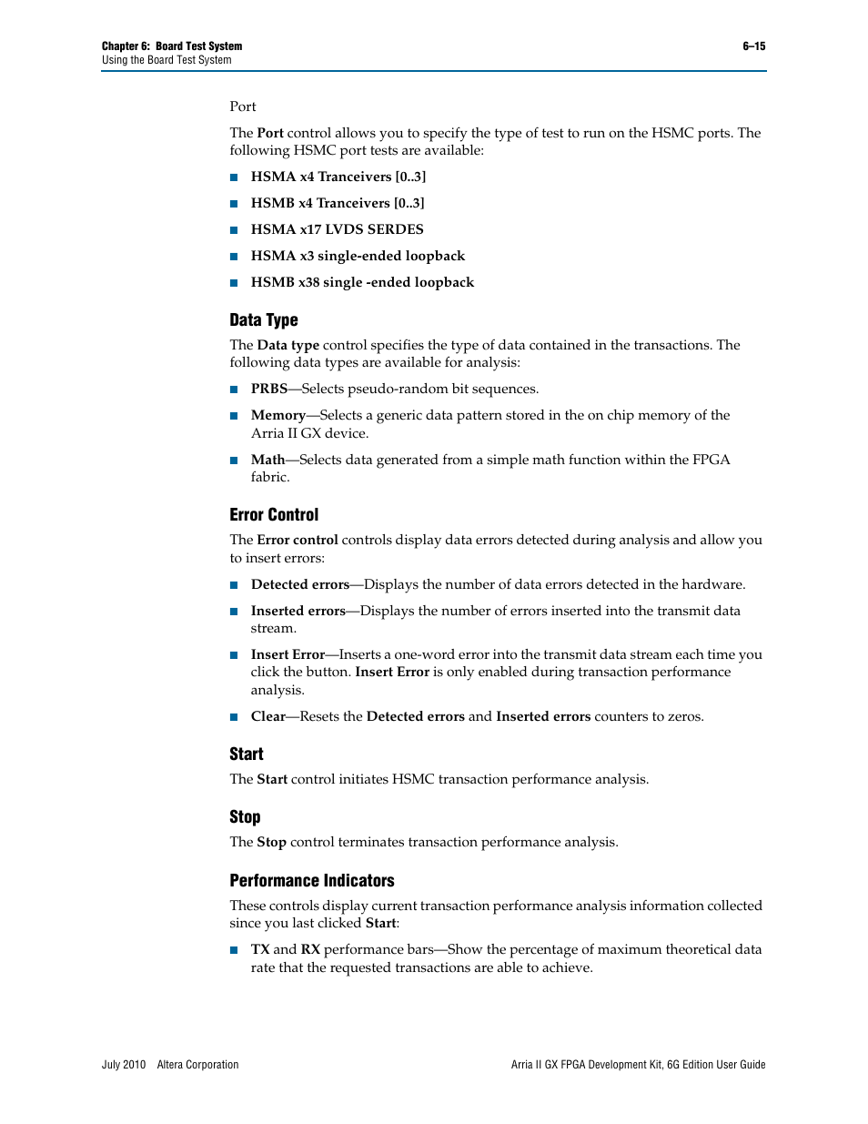 Data type, Error control, Start | Stop, Performance indicators | Altera Arria II GX FPGA User Manual | Page 35 / 48