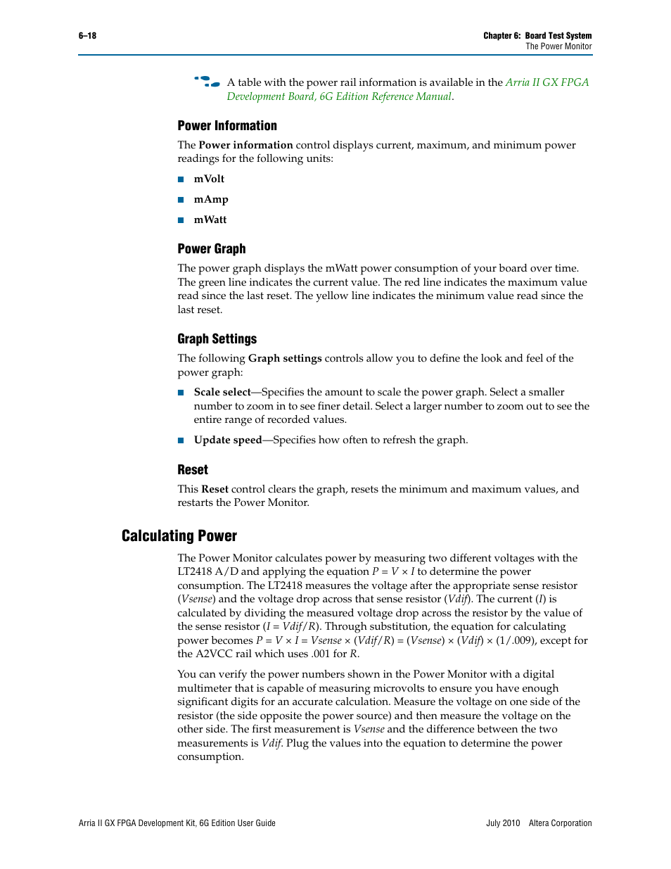 Power information, Power graph, Graph settings | Reset, Calculating power, Calculating power –18 | Altera Arria II GX FPGA User Manual | Page 38 / 48