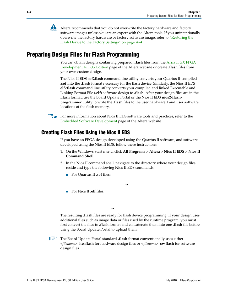 Preparing design files for flash programming, Creating flash files using the nios ii eds, Preparing design files for flash programming” on | Altera Arria II GX FPGA User Manual | Page 42 / 48