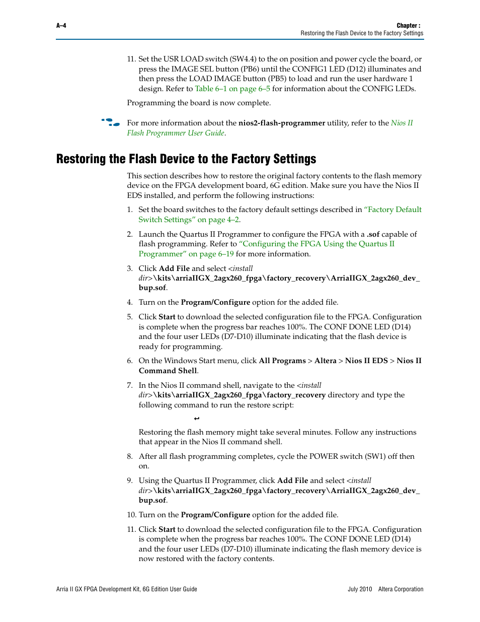 Restoring the flash device to the factory settings, Fer to, Restoring the | Altera Arria II GX FPGA User Manual | Page 44 / 48